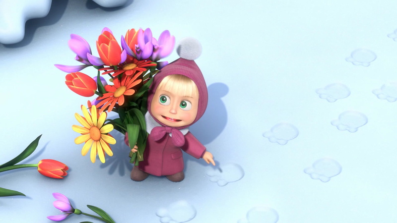 flowers, footprints, snow, masha, mary, 1080P, bear