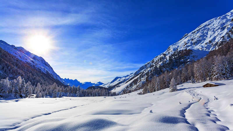 landscape, mountain pass, nature, 1080P, forest, cabin, winter, clear sky, footprints
