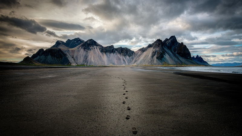 landscape, nature, mountains, Iceland, snowy peak, sand, sea, beach, 1080P, clouds, footprints, coast