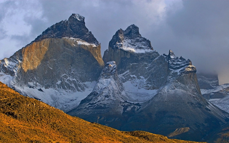 snowy peak, clouds, Chile, mountains, Torres del Paine, nature, 720P, landscape