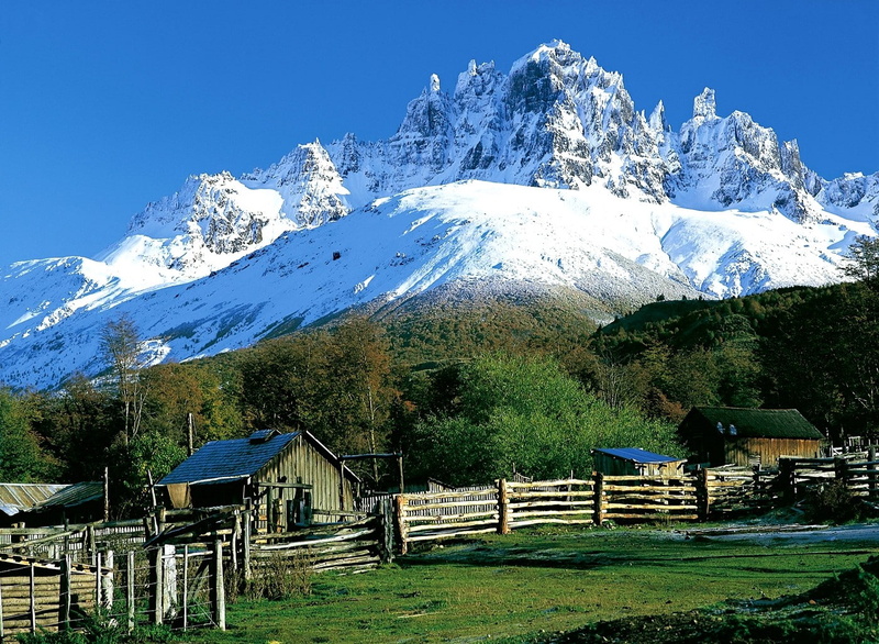 scenics - nature, mountains, sky, mountain, day, Patagonia, plant, mountain range, beauty in nature, built structure, fence, nature, 720P, trees, grass