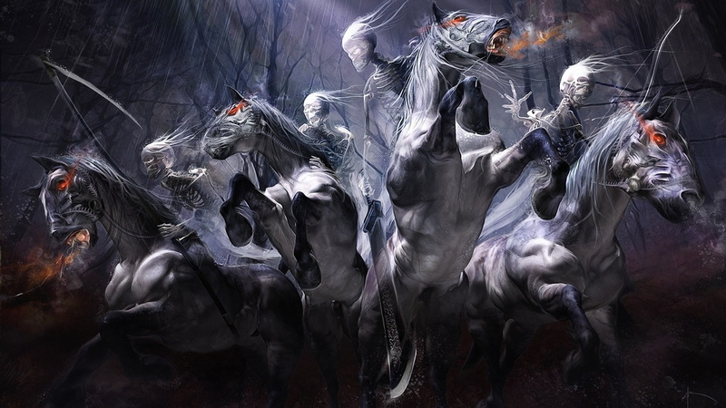 sword, Dark, horses, halloween, 1080P, animals, spooky, skull, forest, creepy, horror, undead, skeleton, fantasy, weapons, Trees, Evil, scary