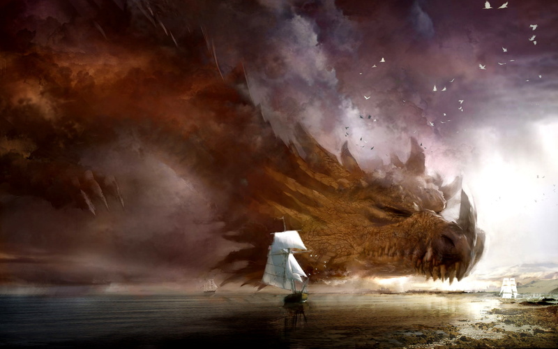 beauty in nature, power in nature, full length, digital composite, mystery, dragon, walking, nature, sky, ship, water, 2K, rear view, land