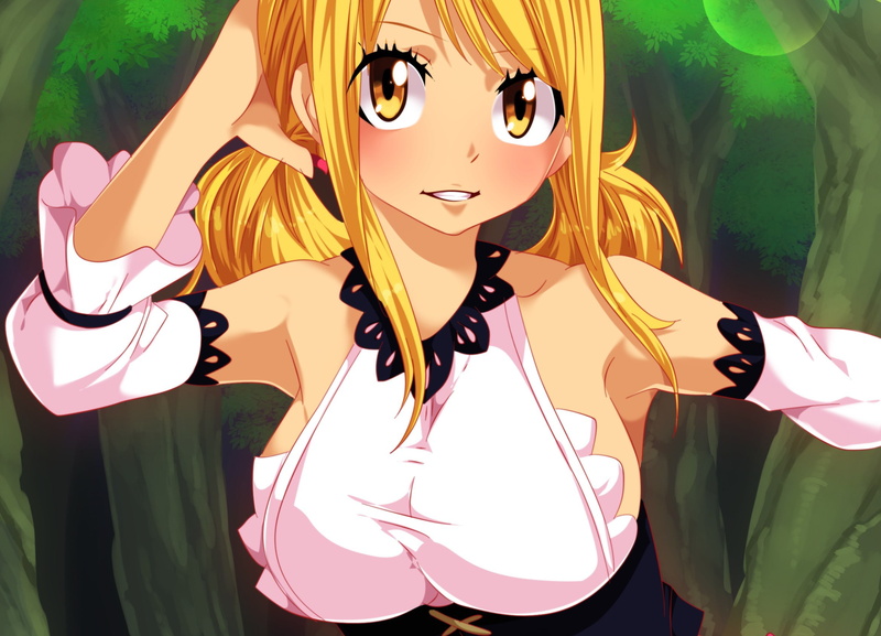 madoshi, asiatic, Lucy, bishojo, big, anime, Fairy Tail, asian, forest, game, pretty face, blonde, 1080P, pretty, manga, oriental, kawaii, mahou, japanese