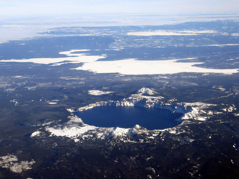 photo, view, winter, snow, tranquil scene, non-urban scene, sky, cold temperature, sea, water, mountain, airplane, Oregon, Crater Lake National Park, land