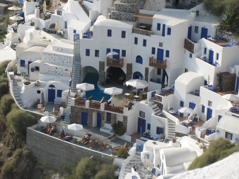 cyclades, seaside, white houses, sunlight, santorini, high angle view, greece, architecture, town, residential district, hotel, no people, white color