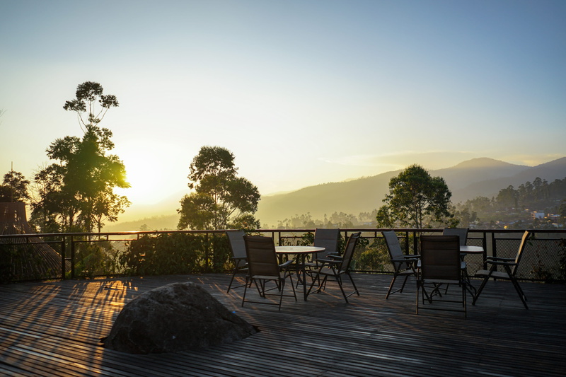 sunlight, chair, indonesia, plant, tranquil scene, 4K, table, mountain, sunrise, sky, water, scenics - nature, tree, tranquility, seat, outdoors, nature