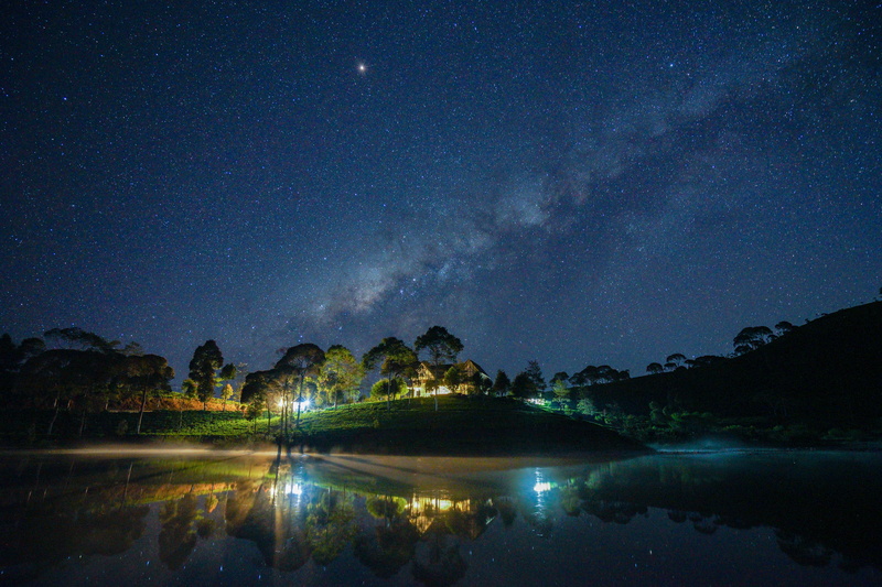 star Trail, travel, tree, nighttime, mountain, lake, night, blue, dark, scenics, science, star - Space, milky Way, landscape, house, dusk, outdoors, beauty In Nature
