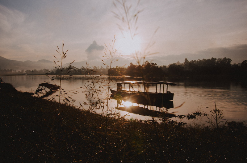 sky, water, bandung, tranquil scene, nautical vessel, dawn, non-urban scene, grass, cloud - sky, red sky, silhouette, vehicle, situ cileunca, bog, tranquility