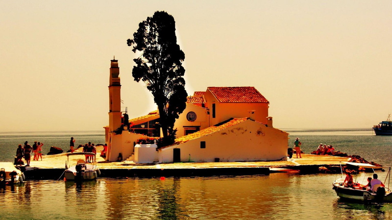 island, concrete, 1080P, building, ionian, visitors, church, greece, trees, brown, isl, corfu, boats, nature and landscapes
