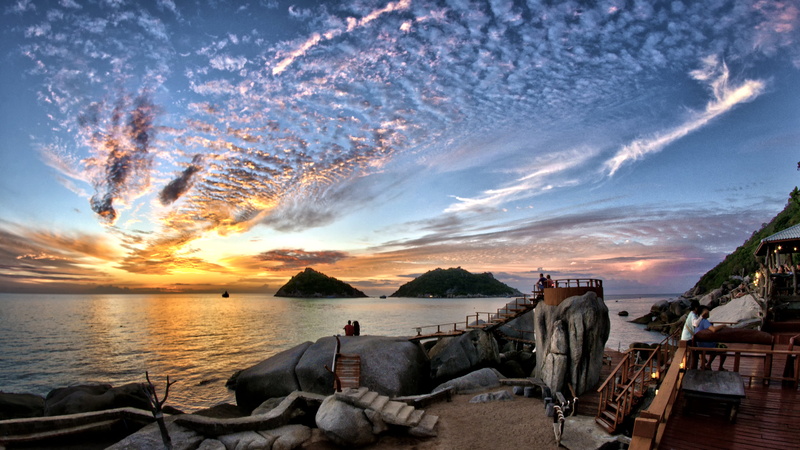 the evening, 5K, sunset, " Turtle island", Thailand, visitors, shore, the island of Koh Tao, clouds, the observation deck, the sky, The Gulf of Thailand
