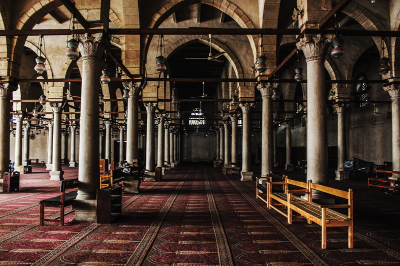 place of worship, concrete, brown, building exterior, no people, light, islam, arcade, arch, bench, museum, prayer, wooden, architecture, interior, direction