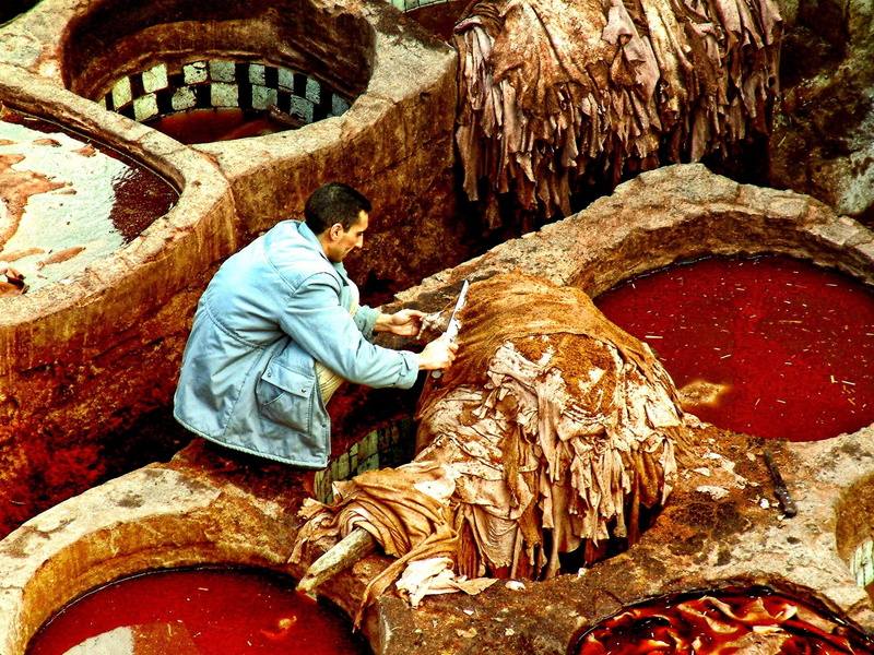 Fez, one man only, Tannery, red, leather, dying, 1080P, outdoors, one person, people, moroccan, Old, day, only men, males, art and craft, real people
