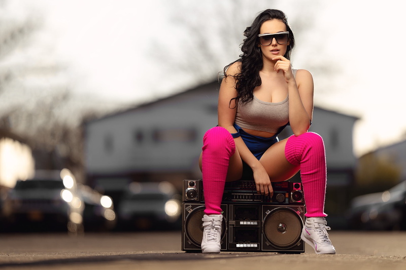 city, leisure activity, casual clothing, focus on foreground, portrait, music, glasses, front view, women with shades, boombox, lifestyles, outdoors, 1080P