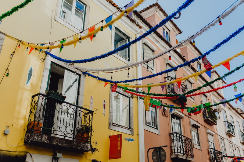 religion, decorations, building exterior, festival, day, bunting, lisboa, decorated, anthony, portugal, alfama, lisbon, nature, colorful, town, june, celebration