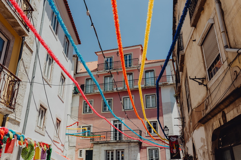 june, bunting, building exterior, travel, saint, santo antonio, festival, multi colored, clothing, downtown, hanging, city, colorful, decorated, low angle view