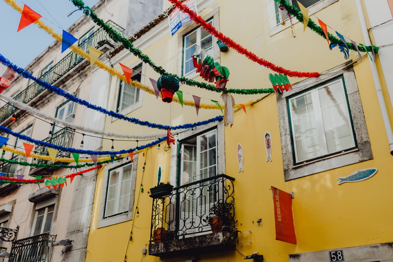outdoors, celebration, decorated, window, decoration, happy, june, bunting, lisbon, downtown, nature, travel, hanging, decorations, built structure, colorful