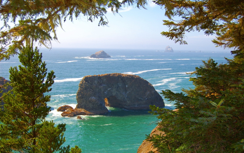 Pacific, Rocks, Waves, Oregon, 2K, Sea, Trees, Coast, USA