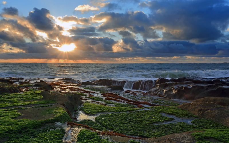 4K, Sunset, Pacific Ocean, pacific, coast, rocks, ocean, clouds