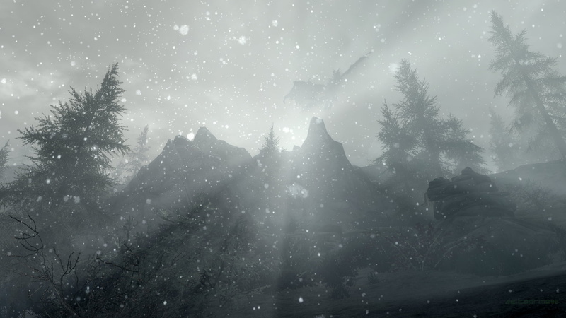Alduin, snowstorm, sun rays, mountains, dragon, 1080P, The Elder Scrolls V: Skyrim, In-Game Photography, snow, Skyrim Remastered, PC gaming