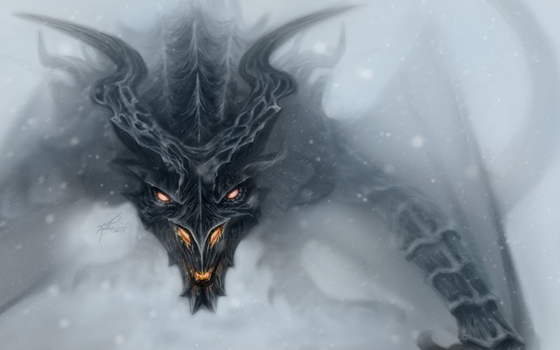 vertebrate, animals in the wild, animal head, outdoors, Art, nature, no people, winter, snow, snowing, black color, 1080P, Dragon, cold temperature, front view