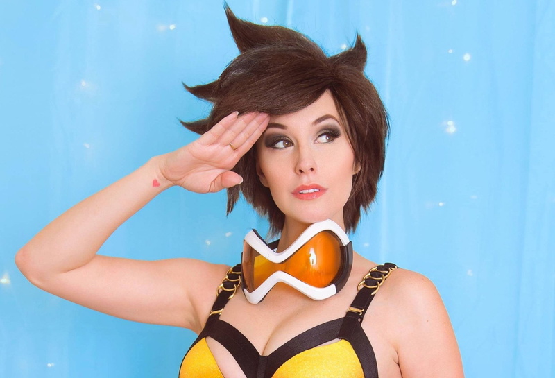 blue, Meg Turney, hairstyle, arts culture and entertainment, women, 1080P, beautiful woman, beauty, portrait, Overwatch, colored background, front view