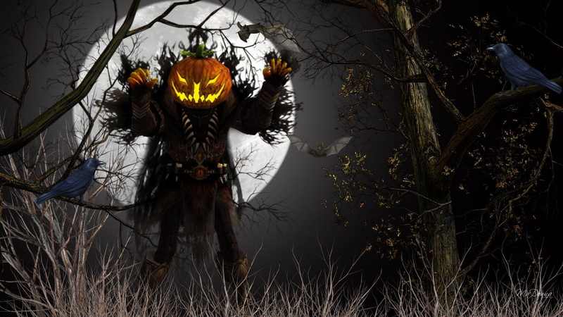 dead trees, scay, full moon, jack o lantern, 1080P, ravens, monster, pumpkin, firefox persona, halloween
