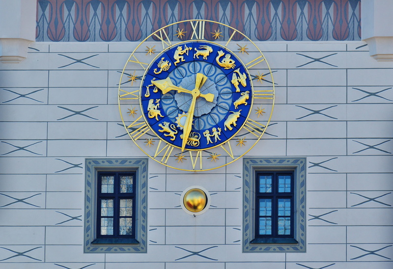 astrology sign, gold, built structure, clock face, decoration, circle, minute hand, architecture, round, clock, day, wall clock, munich, number, geometric shape