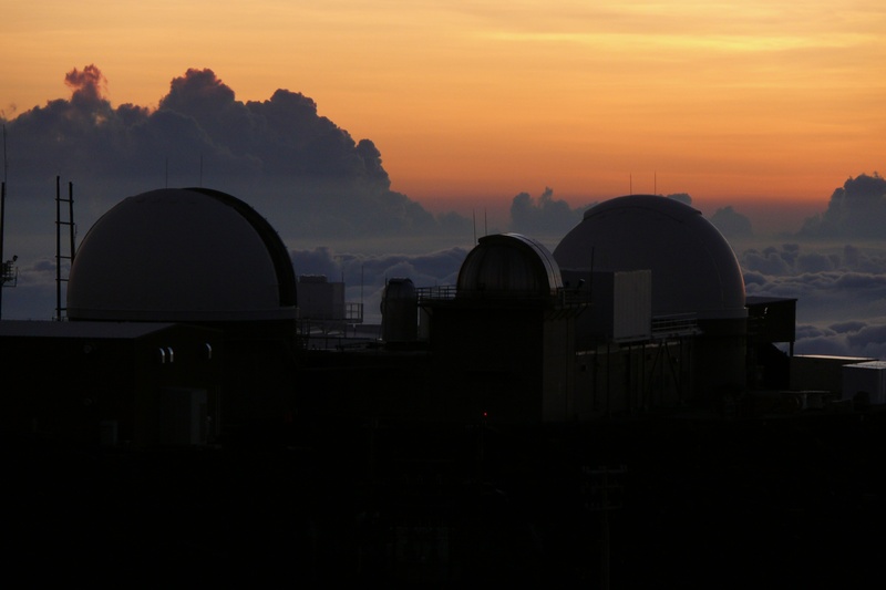 astronomy, fog, haleakala, the observatory, city, sky, tree, nature, building exterior, orange, concrete, orange color, no people, the sun, white, golden