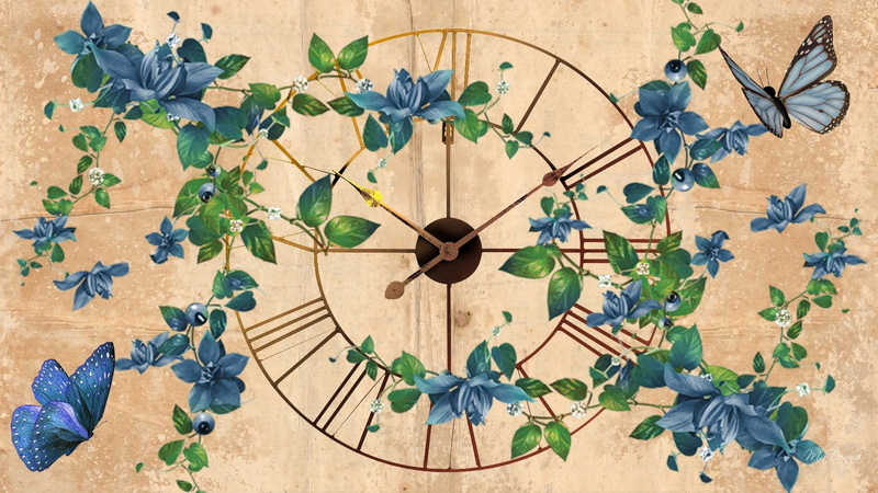blues, flower, blue flowers, clock, daylight savings time, parchment, firefox persona, abstract, 1080P, blue, green, butterflies, time