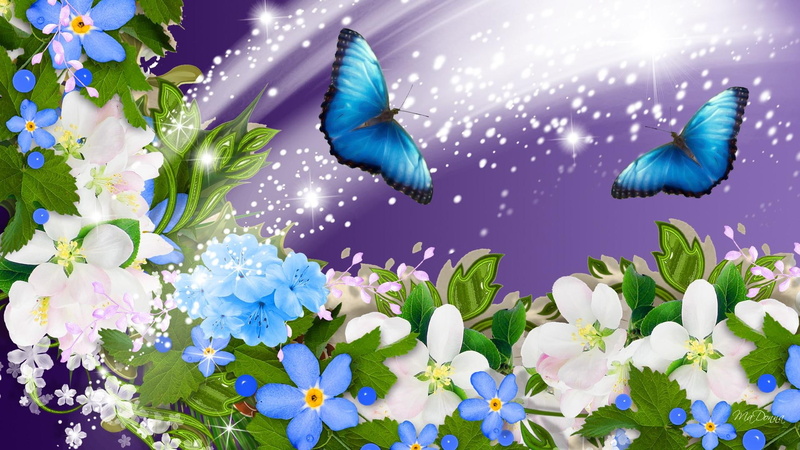 1080P, blue butterflies, sparkles, blooms, floral, collage, bright, black, spring, summer, illustration, flower, flowers, stars, blossoms, purpl, glitter