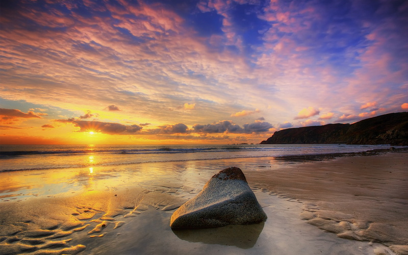 calm, sunset, landscape, ocean, beach, clouds, sky, summer, 1080P, sea