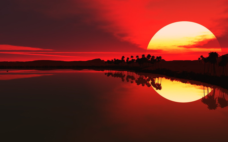 reflection, 720P, red background, nature, sunset, Red sun, sky, beach