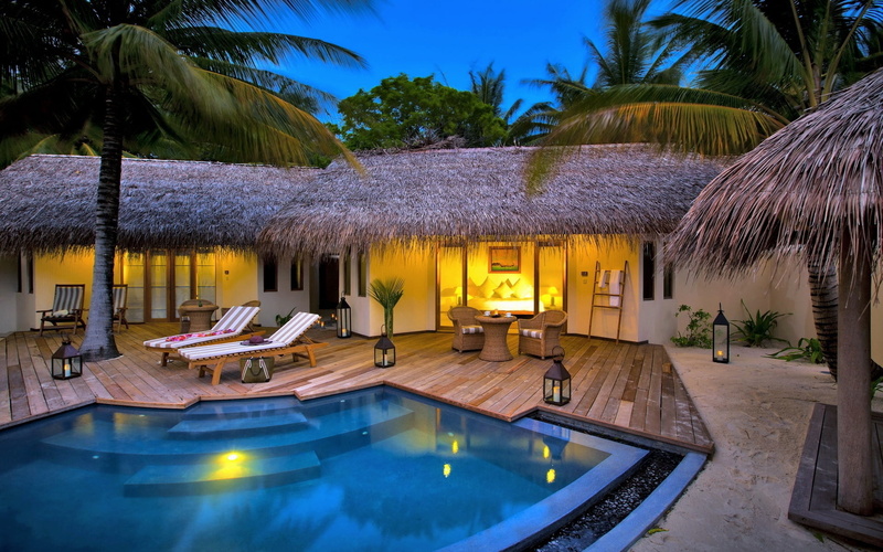chairs, palm trees, luxury, swimming Pool, nature, travel Locations, island, blue, plant, travel, relaxation, idyllic, architecture, beach, travel Destinations