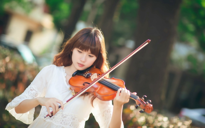 Music, Girl, Sunlight, Asian, 2K, Violin