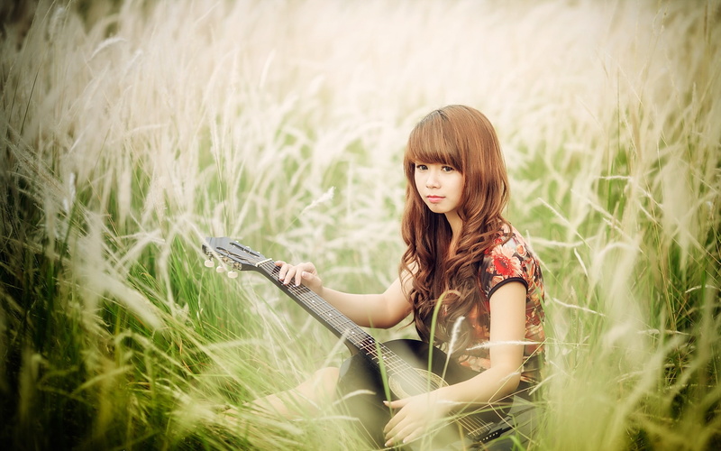 Grass, Asian, Music, 2K, Guitar, Girl