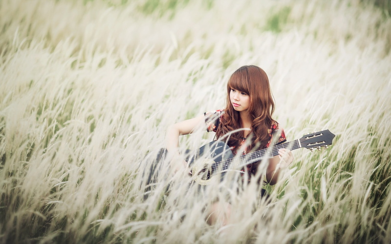 Music, 2K, Asian, Girl, Grass, Guitar