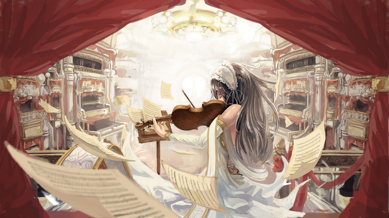 anime girls, violin, music, playing, illustration, girls, woman, anime, 2K