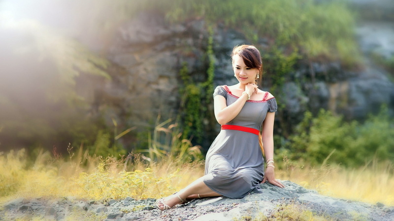 Asian, Summer, 1080P, Bokeh, Gray, Girl, Dress