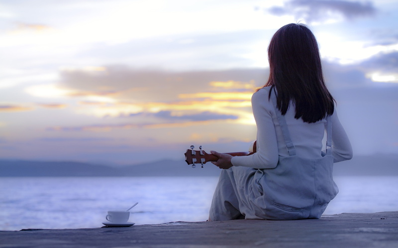 girl, ocean, cloud - sky, back, sky, looking at view, lifestyles, scenics - nature, 4K, pier, guitar, rear view, long hair, beauty in nature, hairstyle