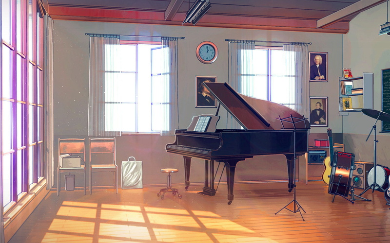 absence, seat, indoors, office, musical equipment, table, wood, window, sunlight, 4K, home interior, flooring, no people, chair, room, furniture, blue