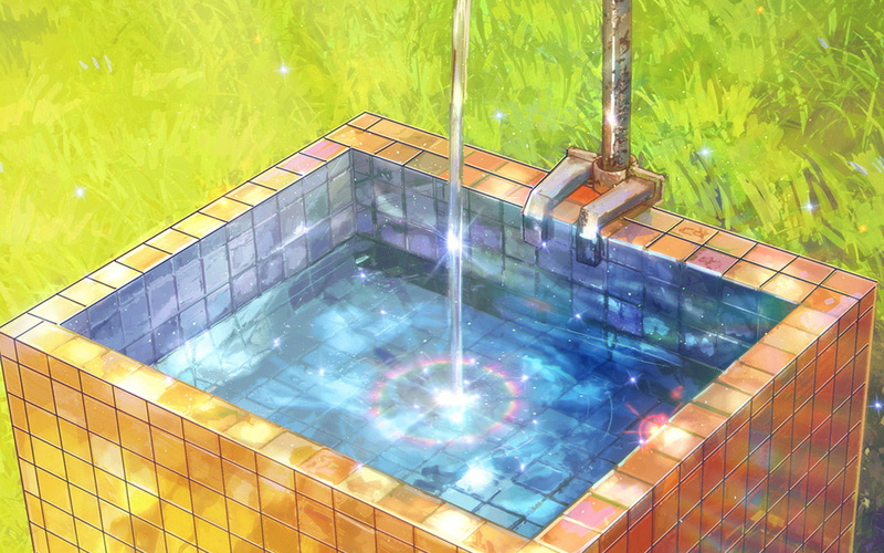water, pool, spa, day, anime, high angle view, poolside, color, no people, sunlight, relaxation, swimming pool, reflection, wet, tile, plant, art, flooring