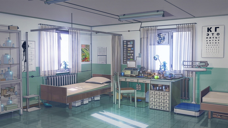 hospital ward, indoors, furniture, hospital, scale, care, Everlasting Summer, curtain, kitchen, window, architecture, tiles, cabinet, flooring, bed, absence