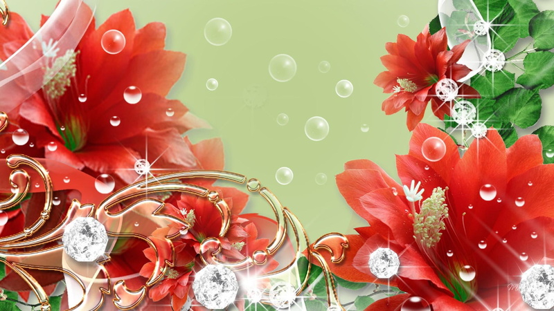 bubbles, red flowers, 1080P, diamonds, swirls, flowers, summer, jewels, blowing, leaves, 3d and abstract, gold