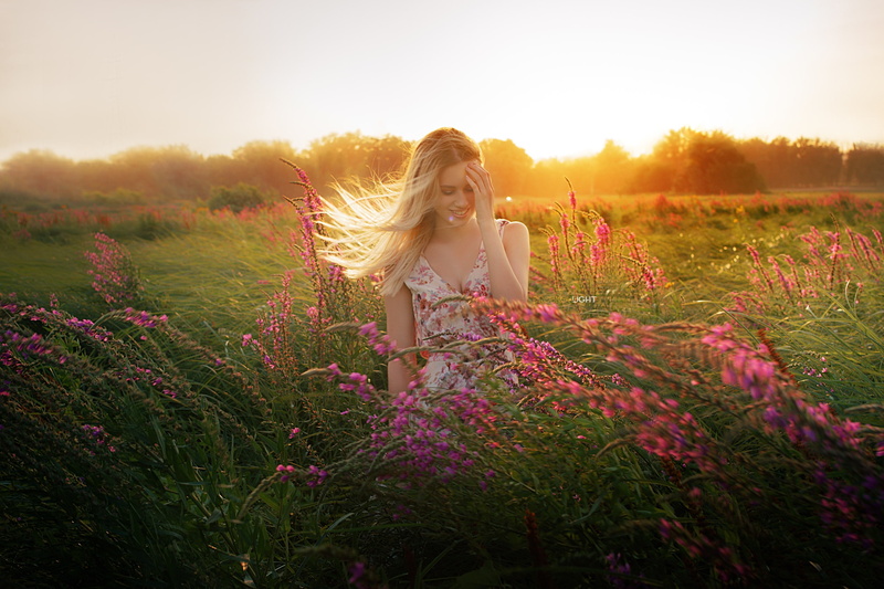 model, lens flare, sunset, outdoors, blonde, field, 2K, dress, Alexander Drobkov, smiling, flowers, depth of field, women, portrait, windy, cleavage, women outdoors