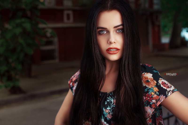 women, women outdoors, 1080P, long hair, blue eyes, Alexander Drobkov, face, bokeh, portrait, brunette