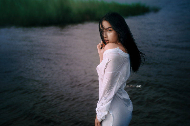 black hair, white shirt, portrait, black nails, women, women outdoors, 1080P, Alexander Drobkov, Angelina Sorokina, river