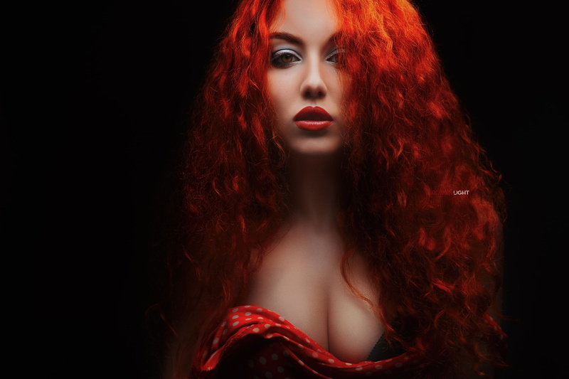 long hair, simple background, 2K, makeup, redhead, black background, women, model, red lipstick, Alexander Drobkov