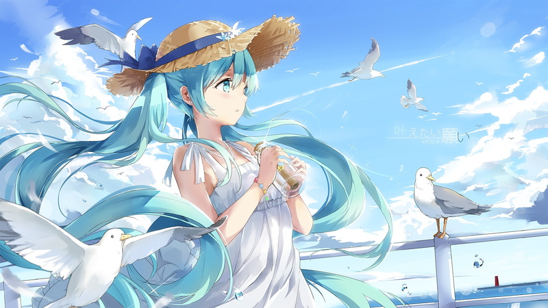 summer dress, hatsune miku, hat, clouds, 1080P, birds, vocaloid, Anime