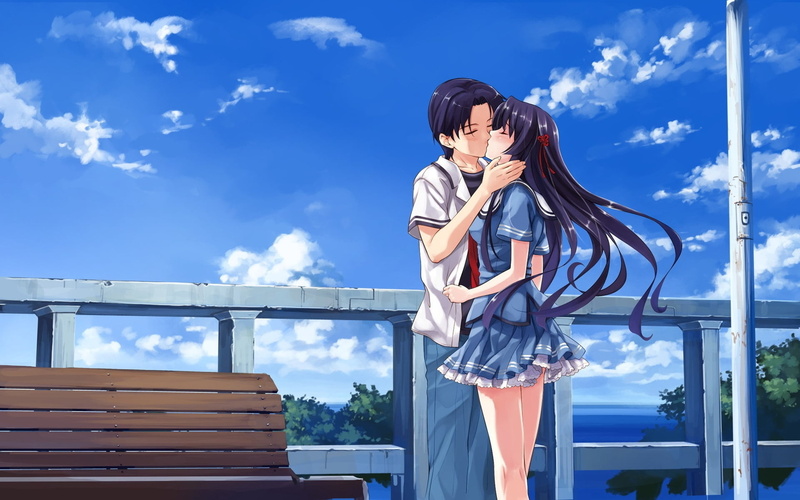 beautiful woman, fun, three quarter length, day, japanese Ethnicity, young Adult, women, couple - Relationship, kiss, sunlight, illustration, built structure
